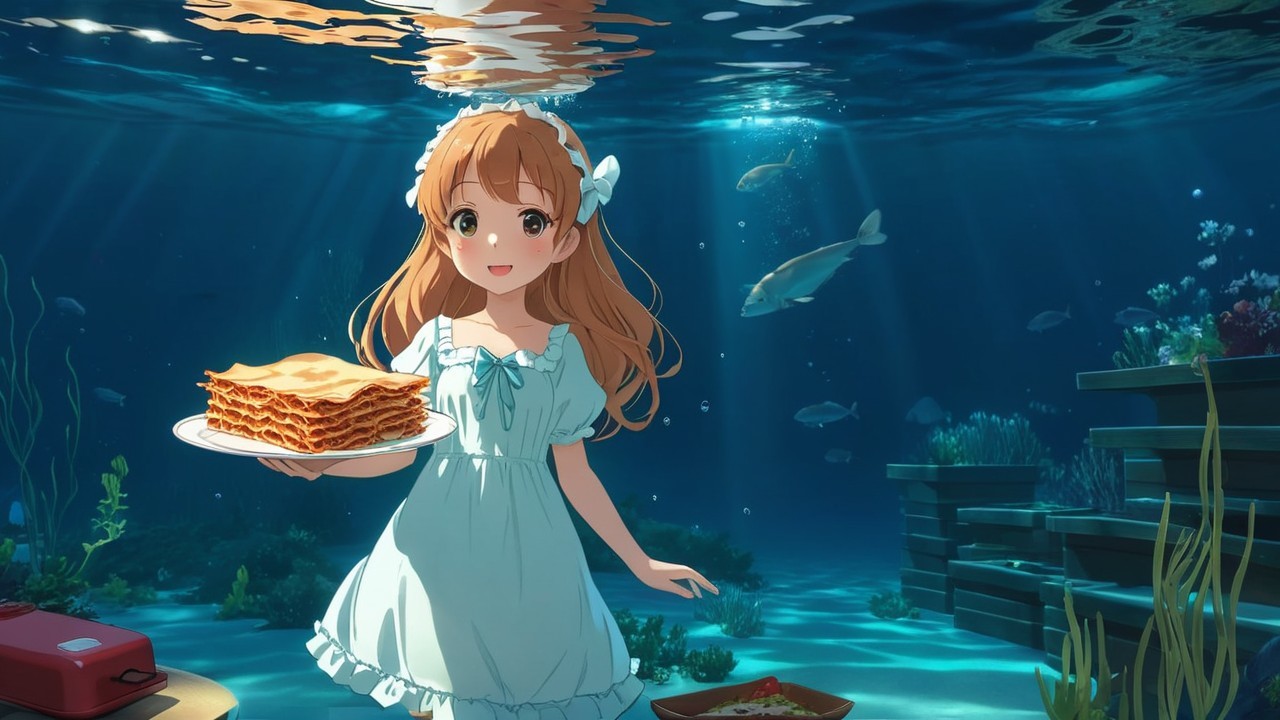 Animated girl underwater with lasagna and fish