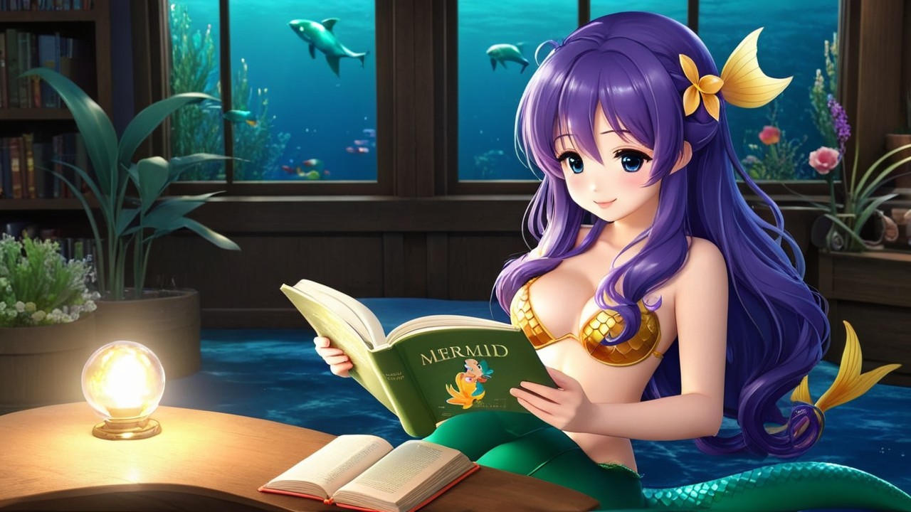 Animated Mermaid Reading in a Cozy Underwater Library