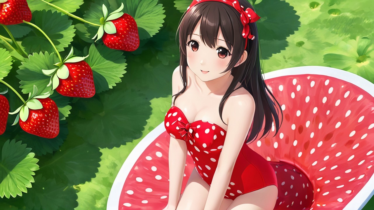 Cheerful girl in watermelon float among strawberries