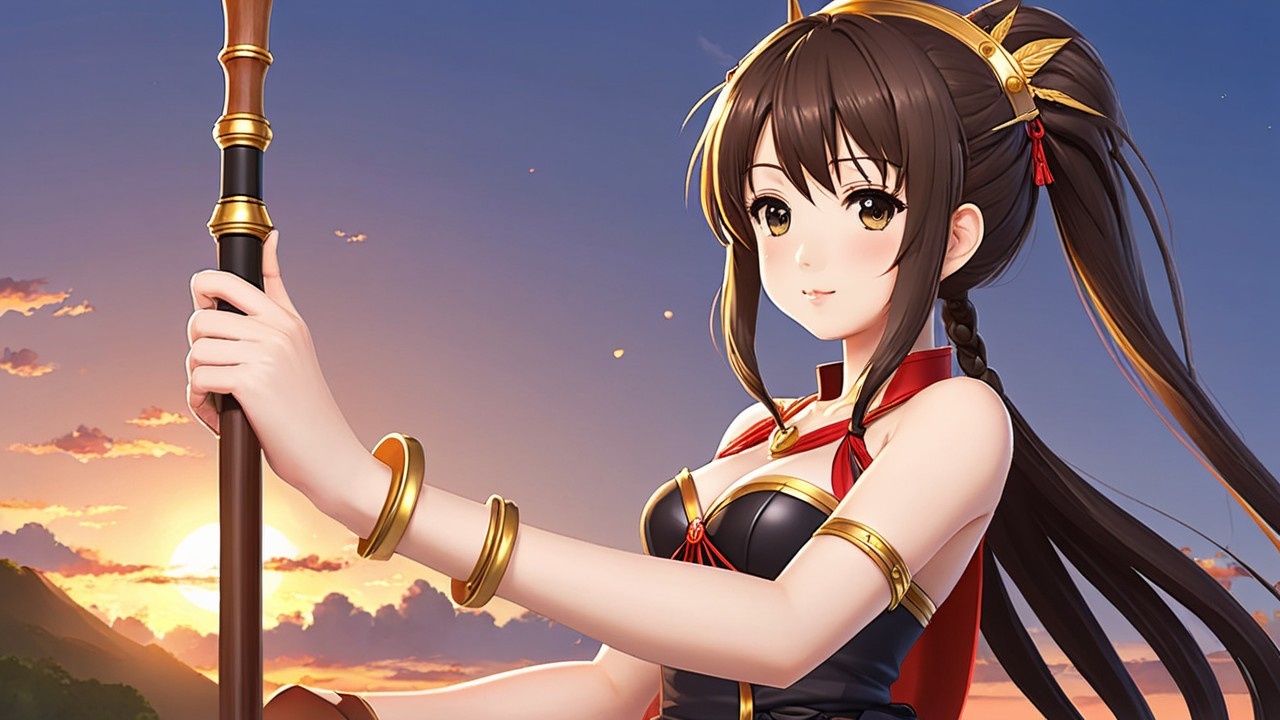 Animated female character with dark hair and staff