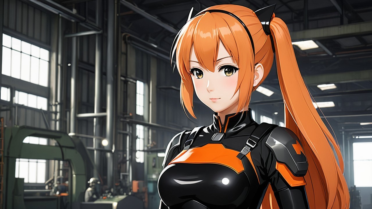 Female Character with Orange Hair in Industrial Setting