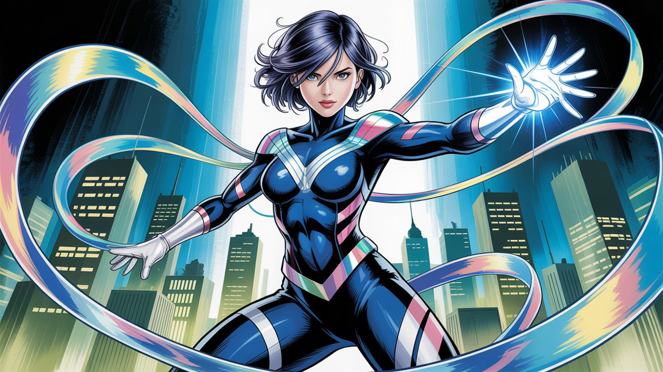 Confident Superheroine in Shiny Blue Suit with Skyline