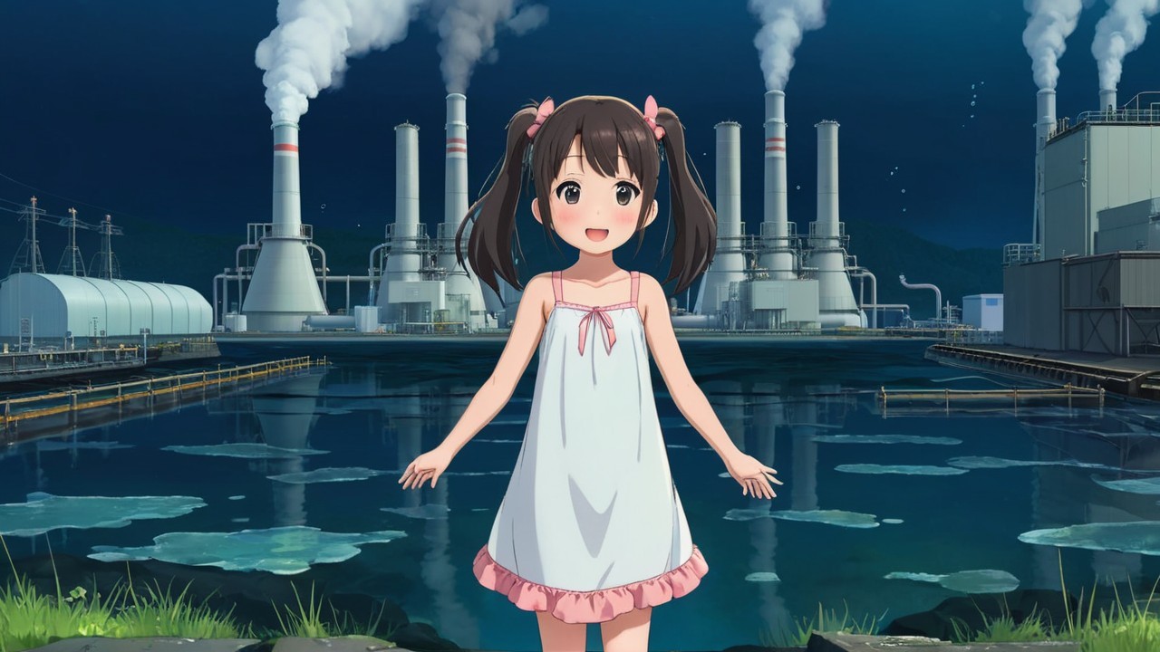 Anime Girl by Water with Industrial Background