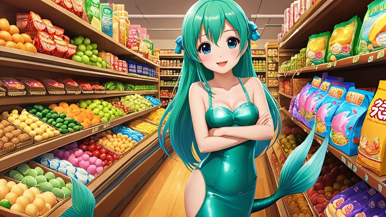 Cheerful Anime Character in a Colorful Grocery Aisle