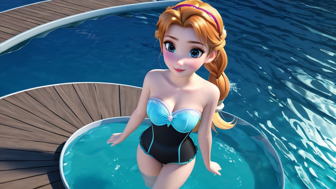 Cheerful Animated Character by Sparkling Pool