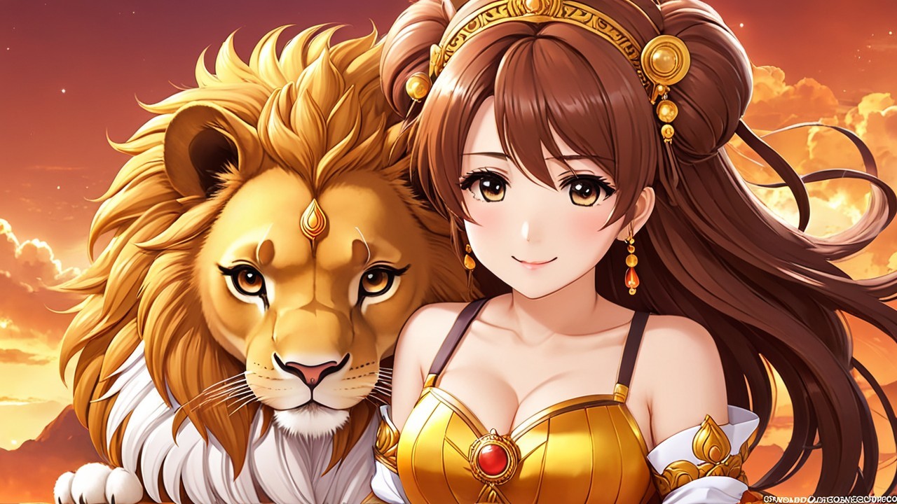 Young woman in gold outfit beside majestic lion at sunset