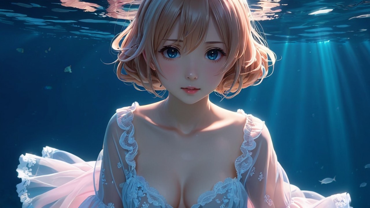 Young Woman in Sheer Dress Underwater with Light Rays