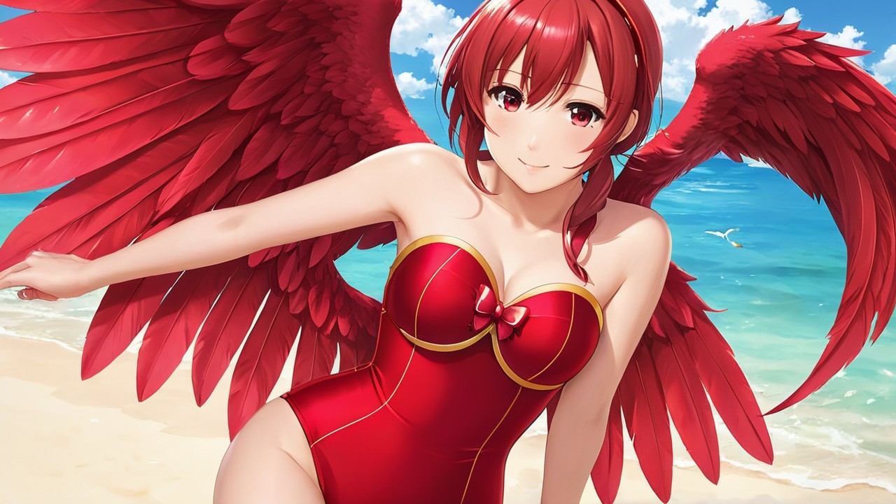 Character with Red Hair and Wings at Sunny Beach