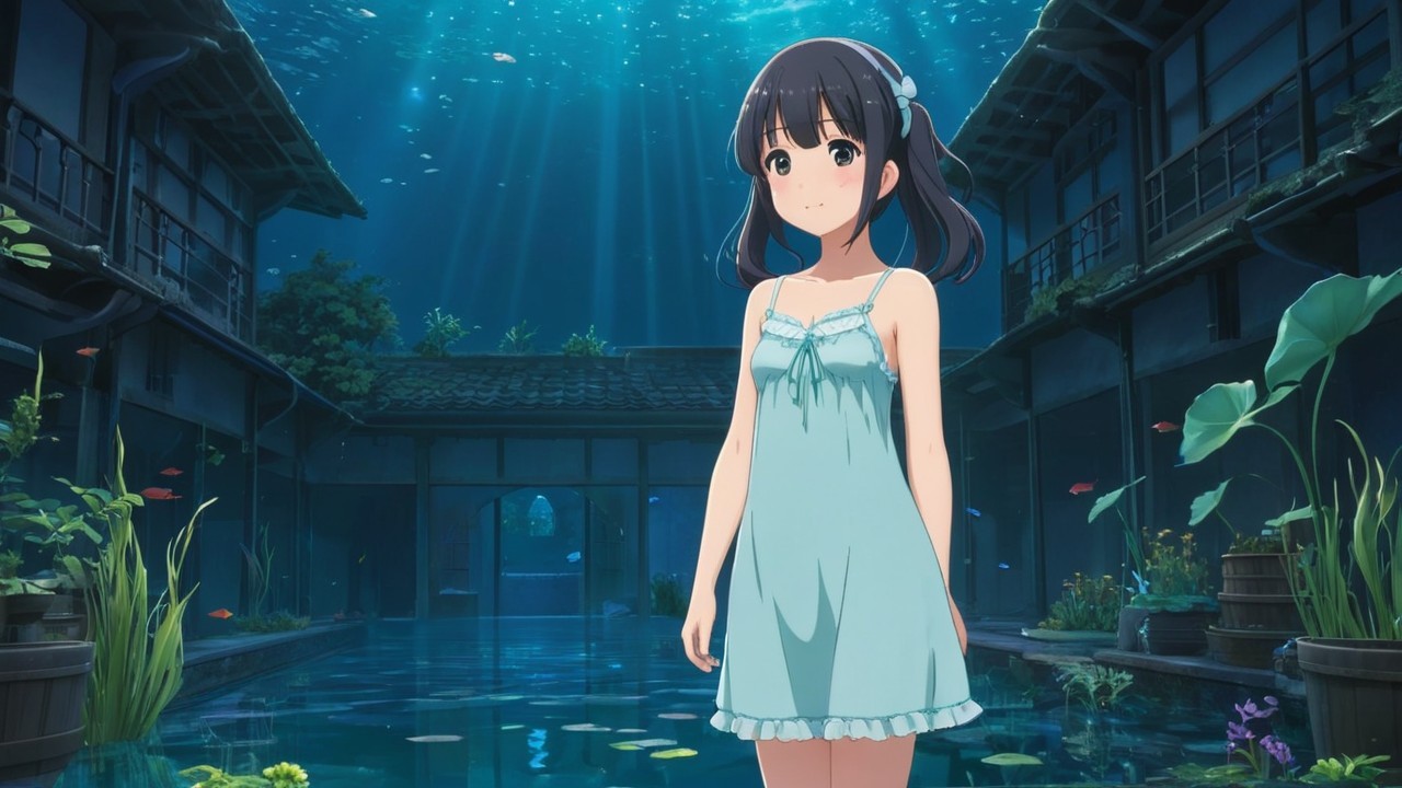 Young girl in serene underwater setting with aquatic life