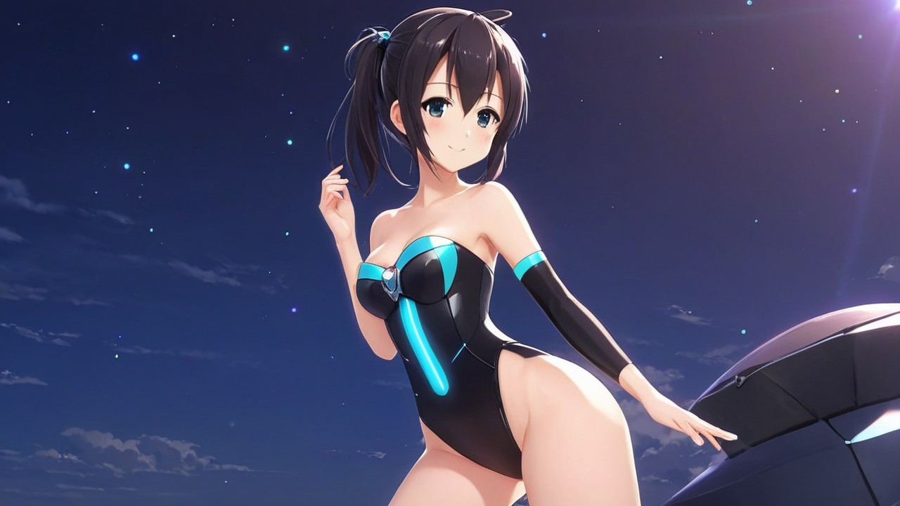 Futuristic Character in Black Swimsuit Against Starry Sky