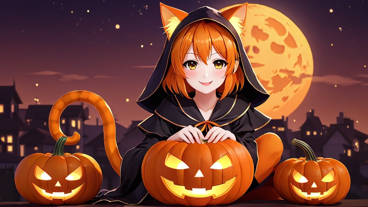 Whimsical Halloween Scene with Anime Character and Pumpkins