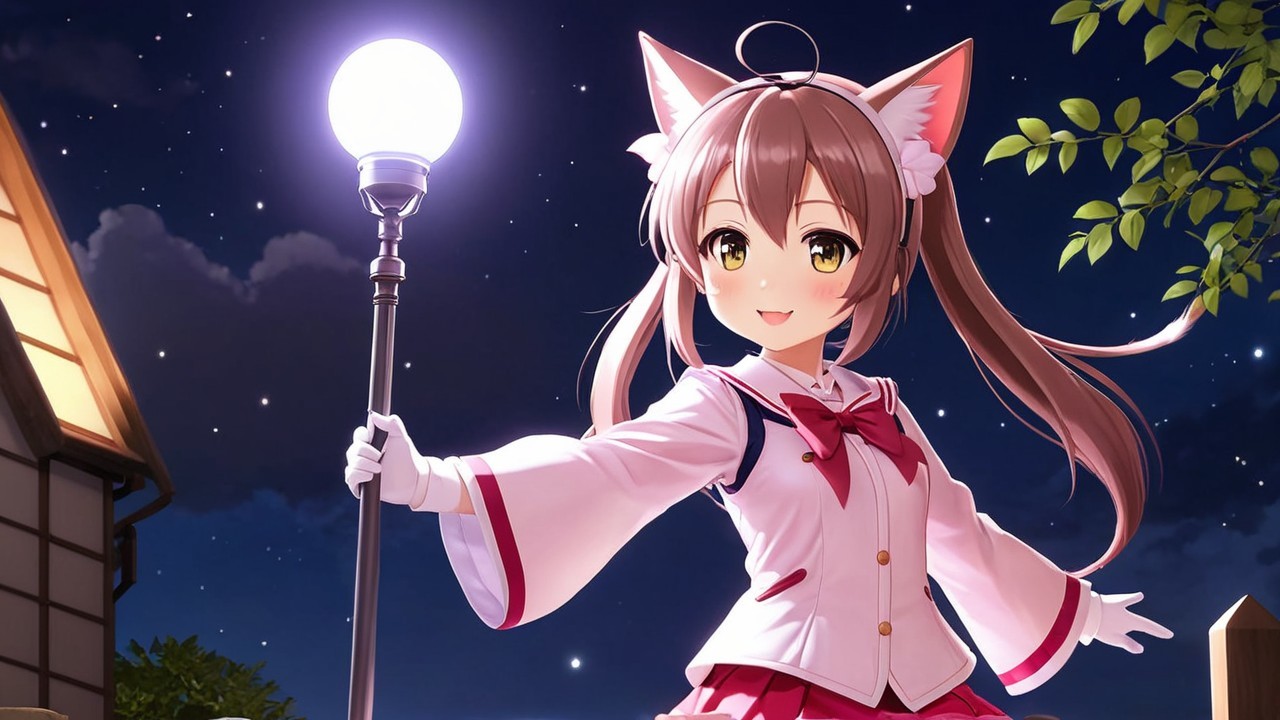 Cheerful anime character under a starlit sky