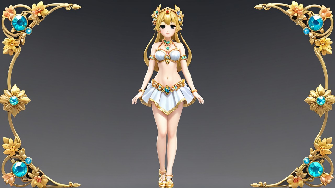 Stylized character with floral decorations and jewels