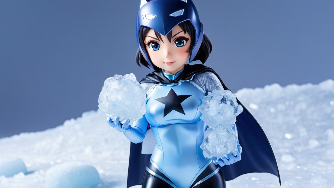 Female superhero figurine in blue suit with icy powers