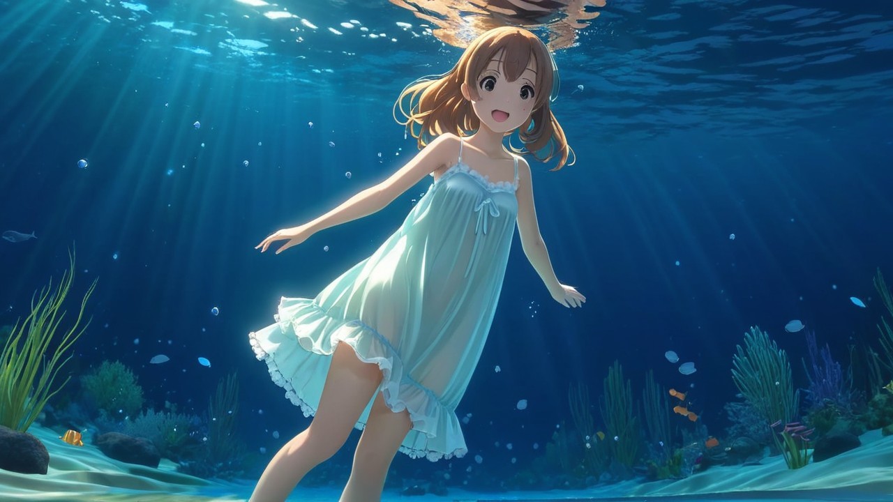 Young Girl Swimming in Light Blue Dress Underwater