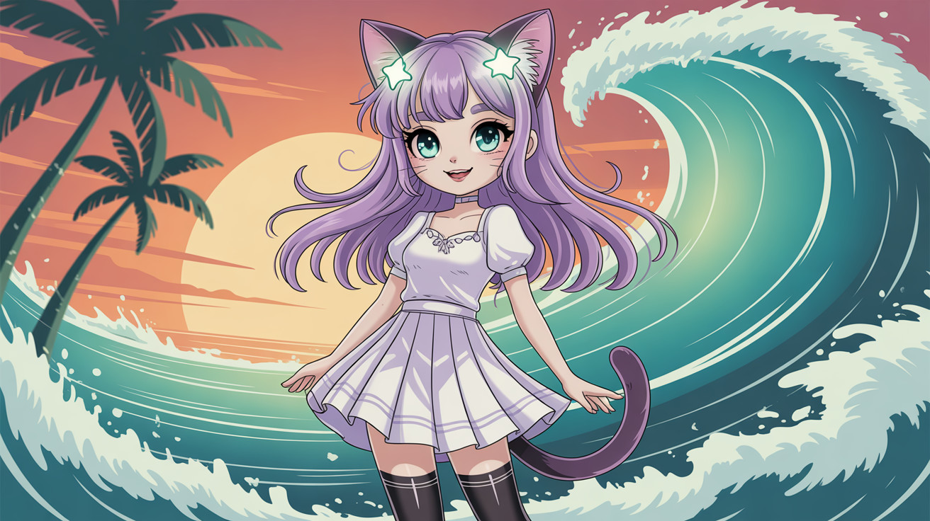 Cute Cat Girl Illustration at Tropical Beach Sunset