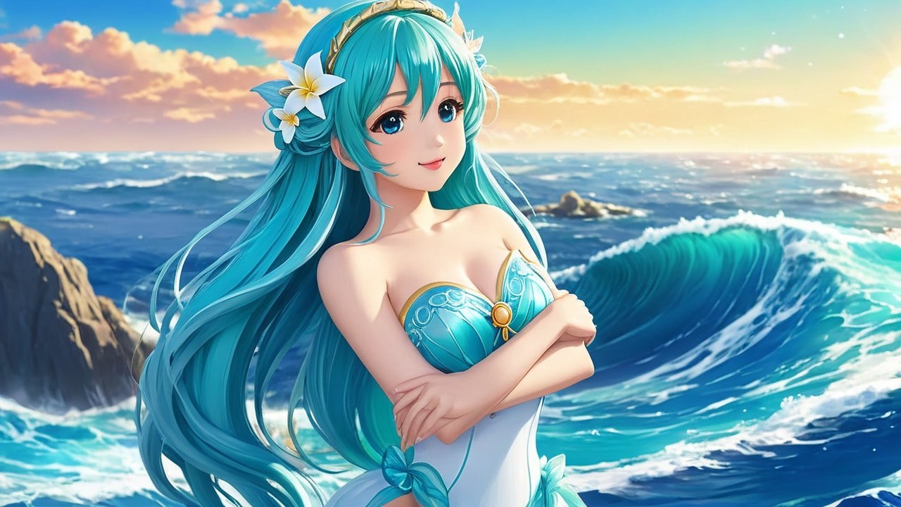 Stylized Character by Ocean in Turquoise Dress
