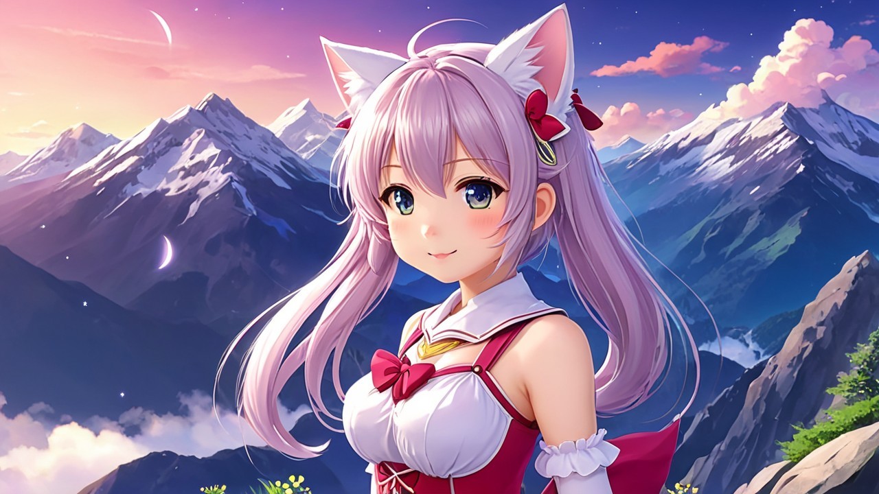 Cheerful Anime Character with Cat Ears in Twilight Scene