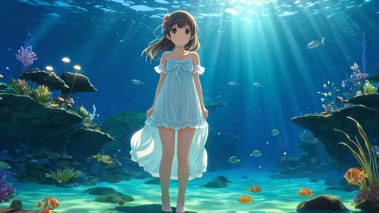 Young girl in blue nightgown underwater with coral reefs