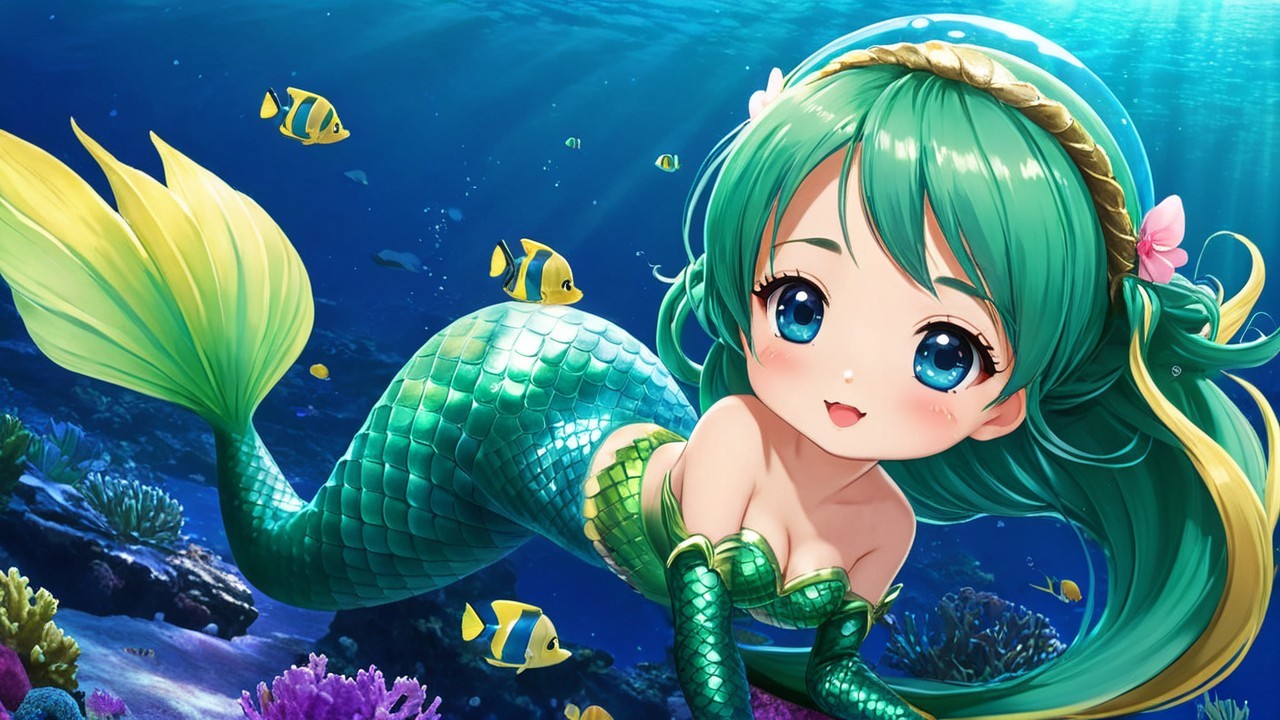 Vibrant Underwater Scene with Cheerful Mermaid