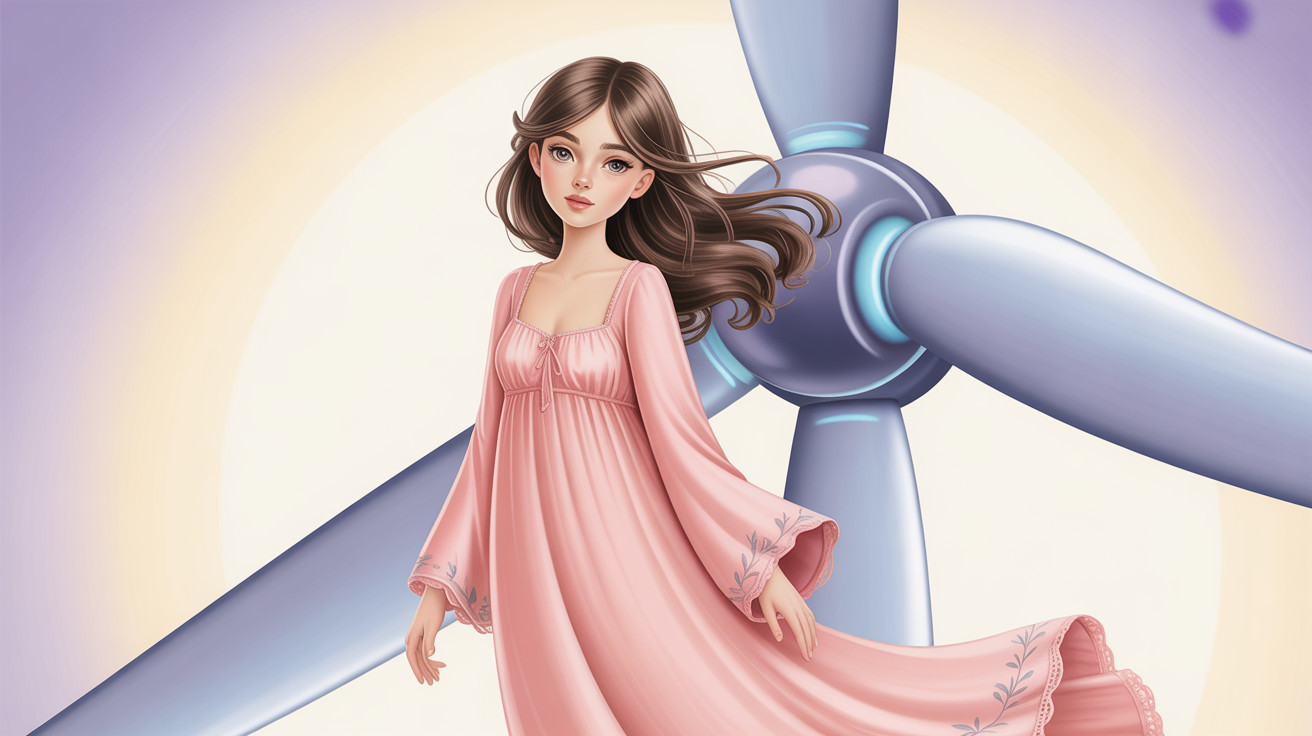Digital Illustration of Woman in Peach Dress by Wind Turbine