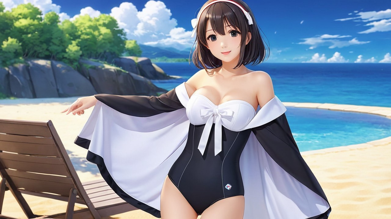 Character in Stylish Swimsuit by Serene Beach Scene