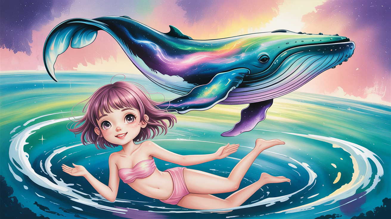 Anime girl in pink bikini floating in ocean with whale