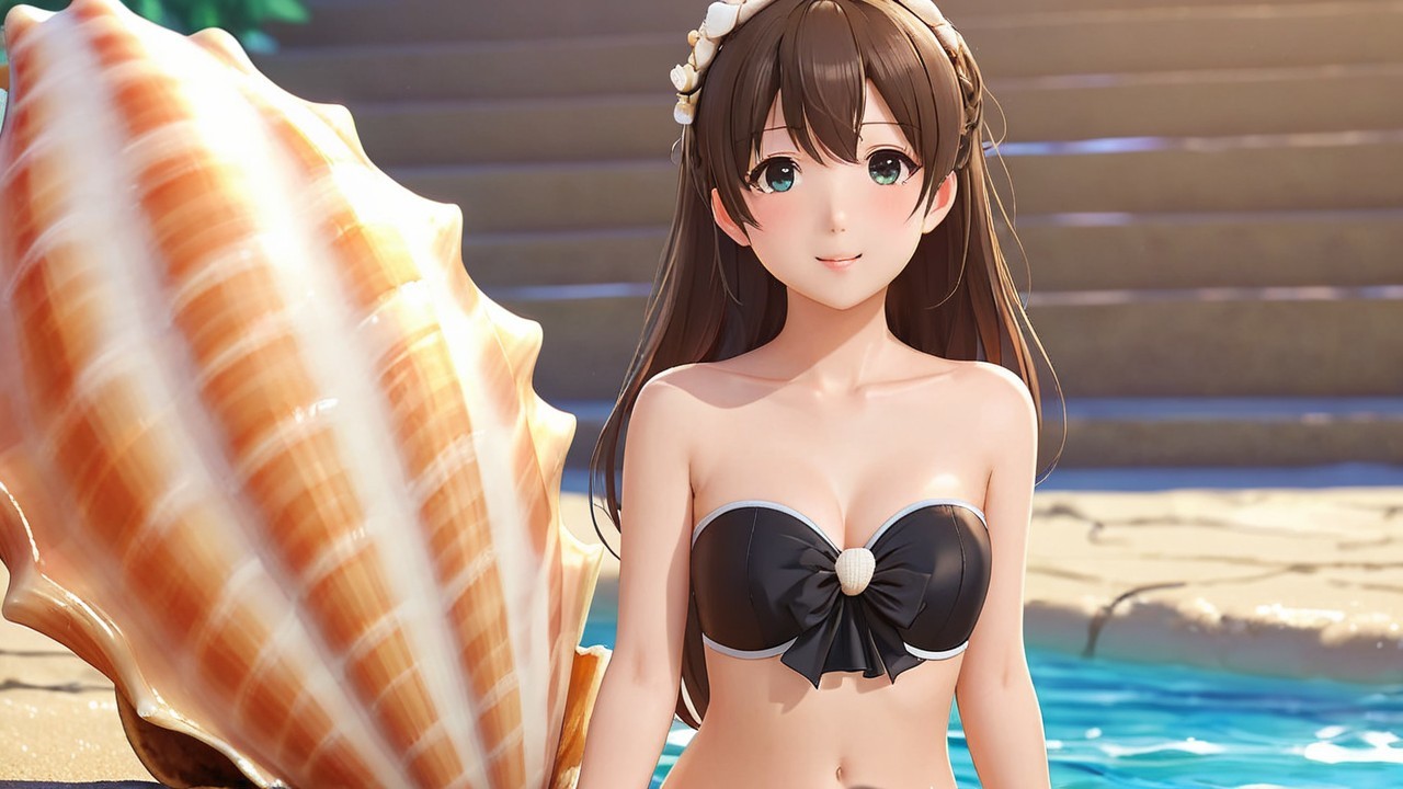 Young Woman by Pool in Black Bikini and Seashells