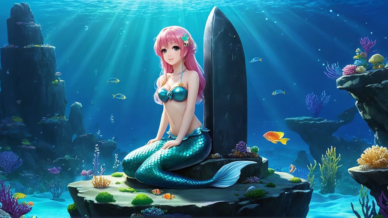 Underwater Scene with Mermaid and Colorful Marine Life