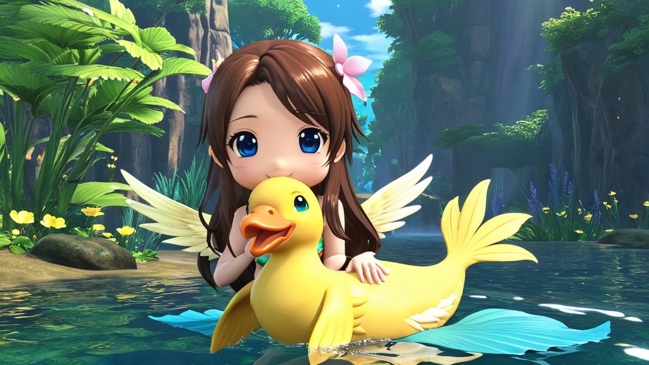 Cheerful girl with duck float in lush serene setting