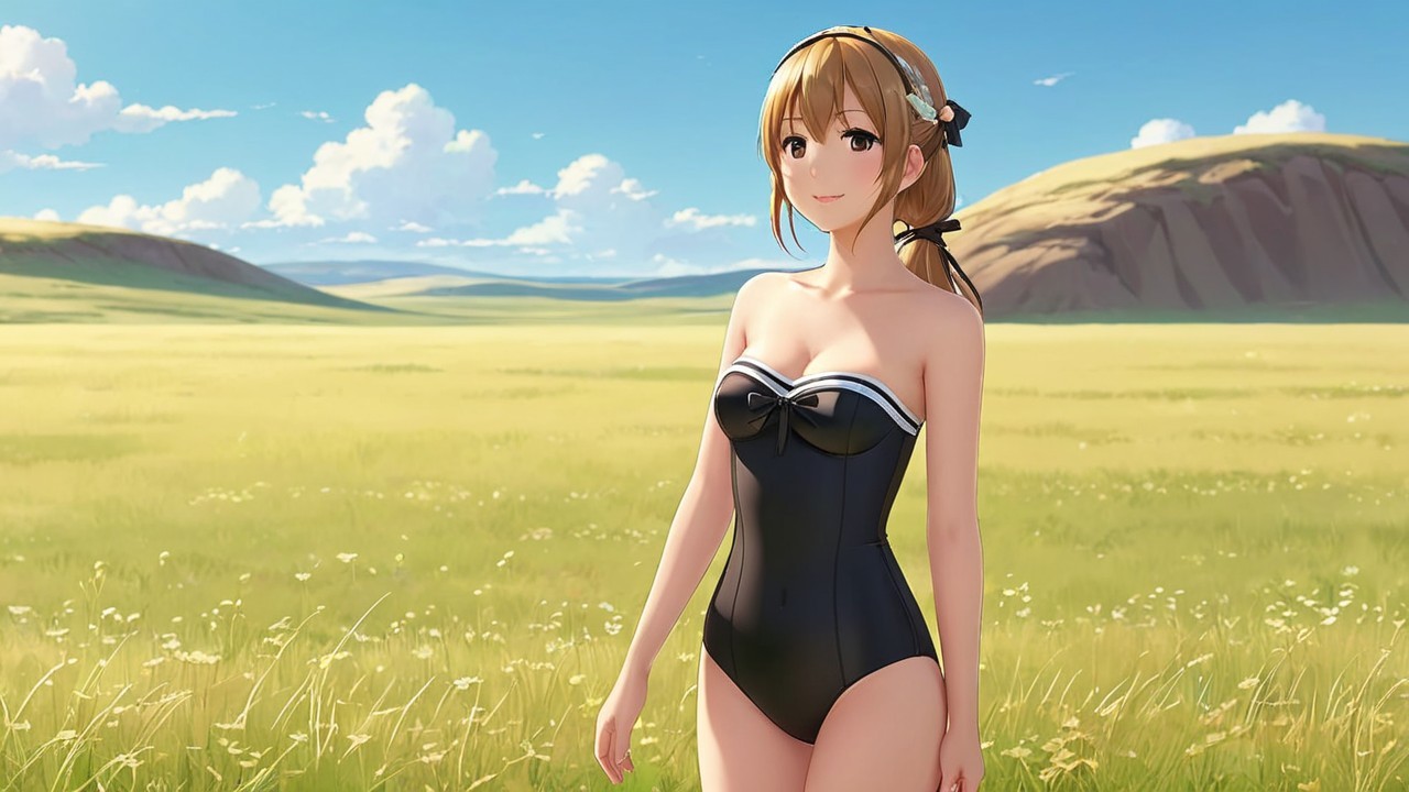 Cheerful anime character in a vibrant green field