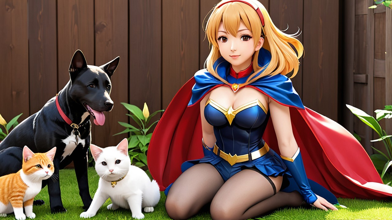 Superheroine with Pets in a Lush Green Setting