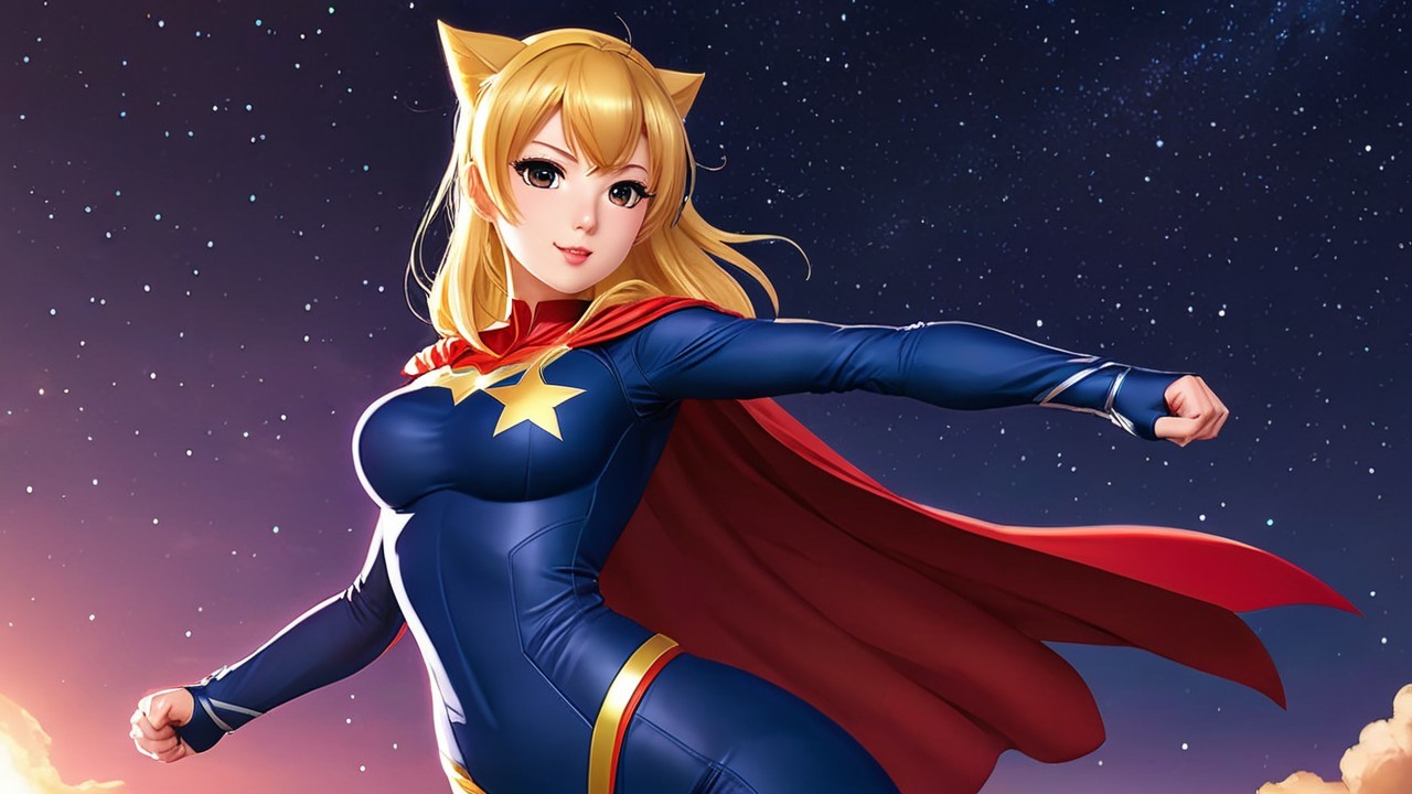 Vibrant superheroine in blue bodysuit and red cape