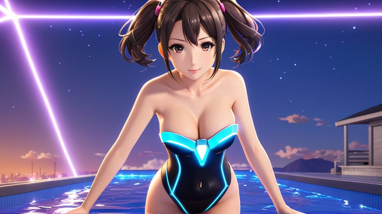 Futuristic Character in Swimsuit by Neon Poolside