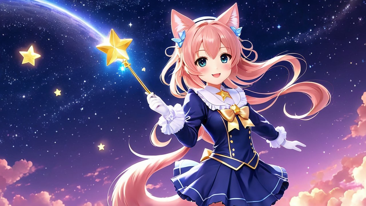 Cheerful anime character with cat ears in night sky