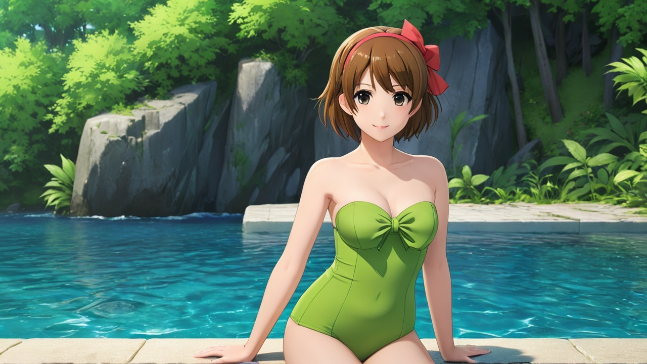Cheerful Woman in Green Swimsuit by Clear Pool
