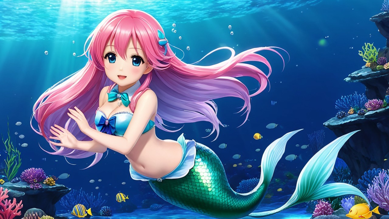 Whimsical Mermaid in Colorful Underwater Scene
