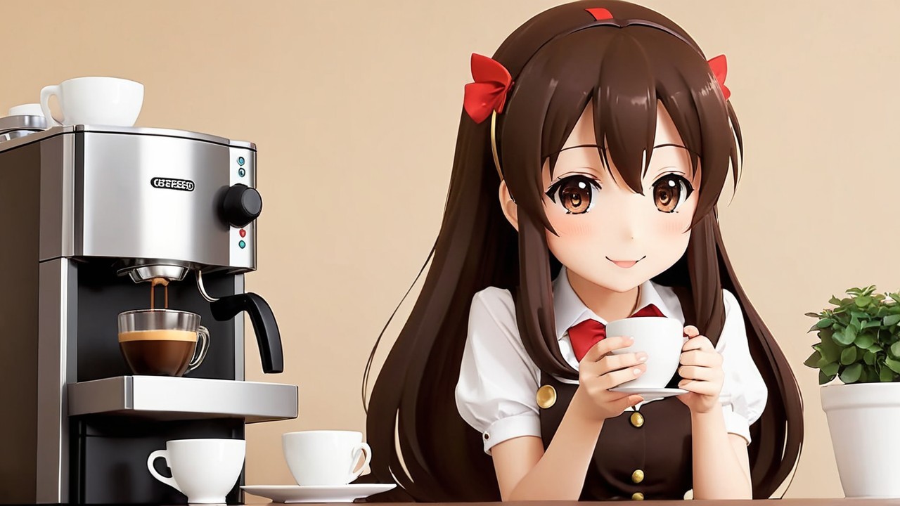 Cheerful Anime Character in Cozy Café Setting