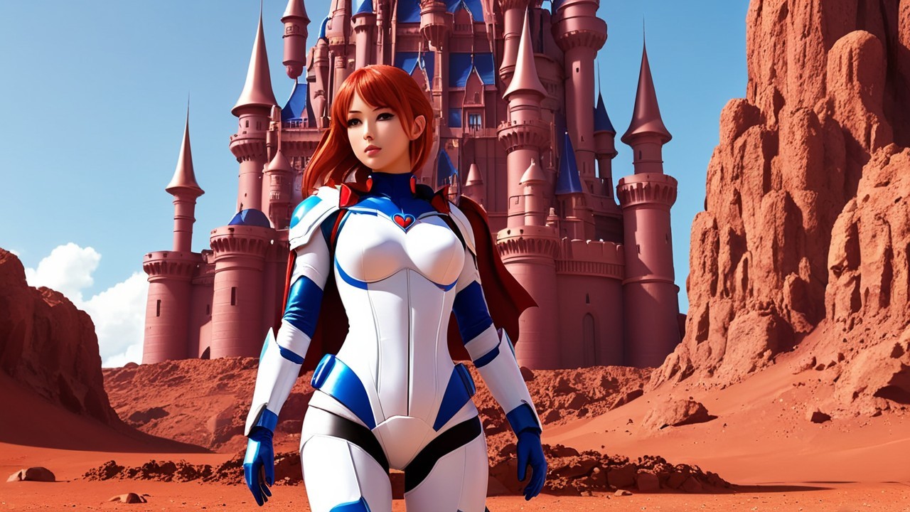 Heroic Character in Futuristic Suit Against Castle Landscape