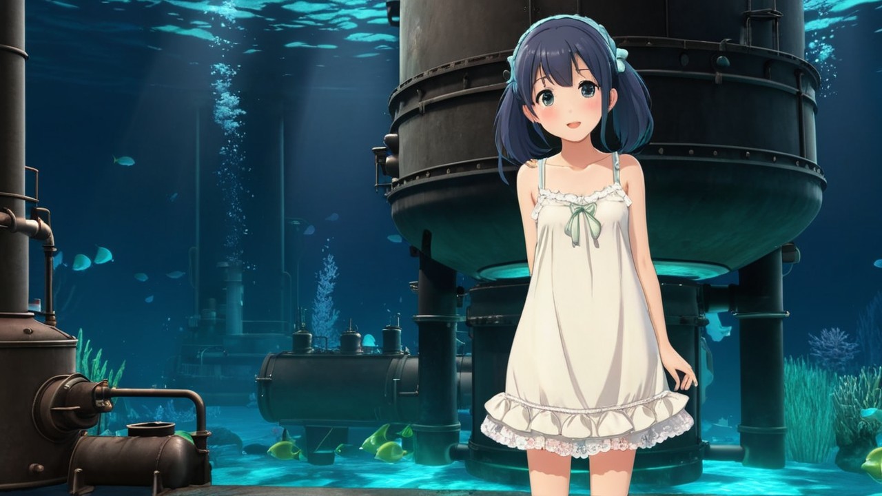 Young girl in flowing dress in underwater setting