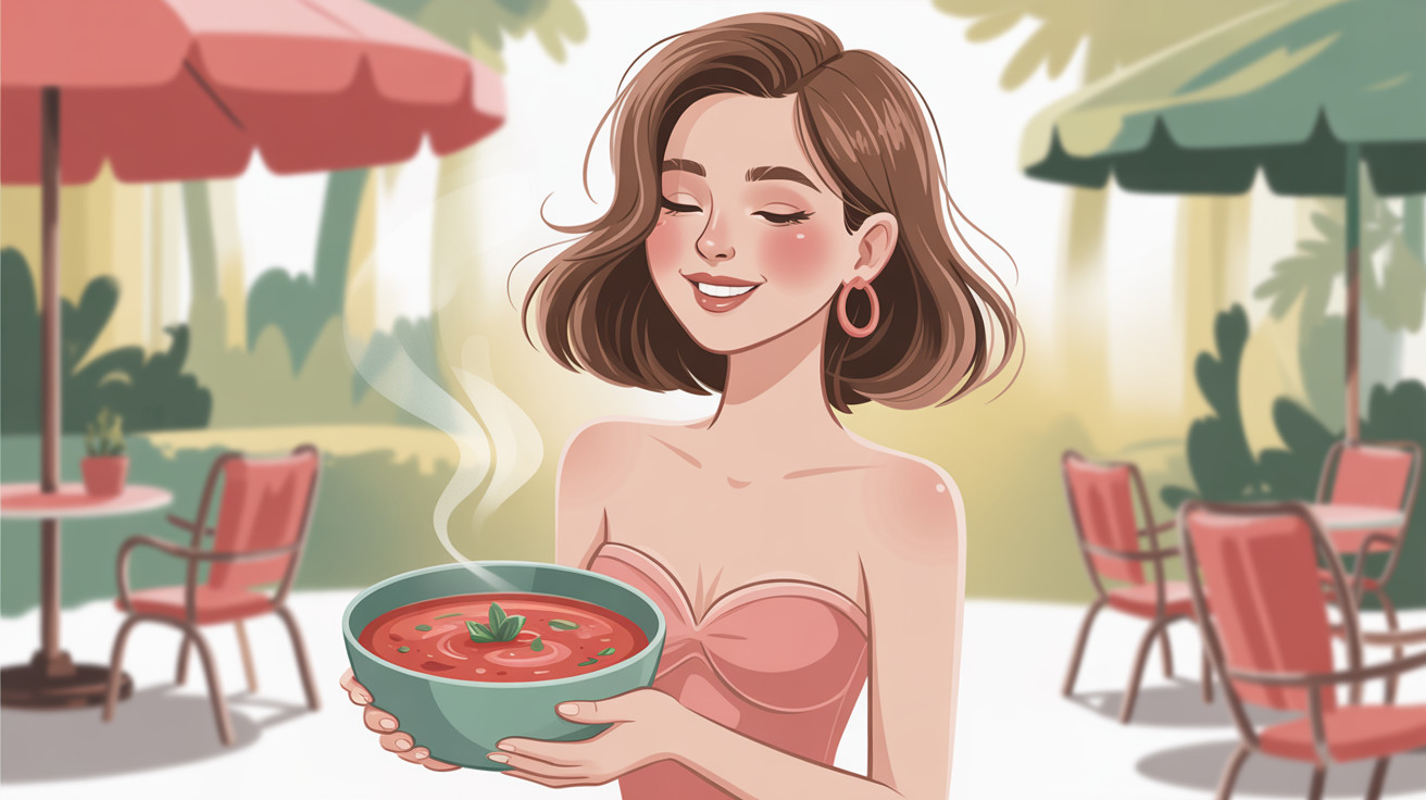 Young woman with soup in outdoor cafe setting