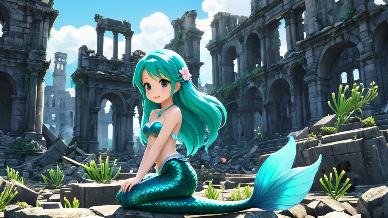 Vibrant Mermaid in Ancient City Ruins with Nature