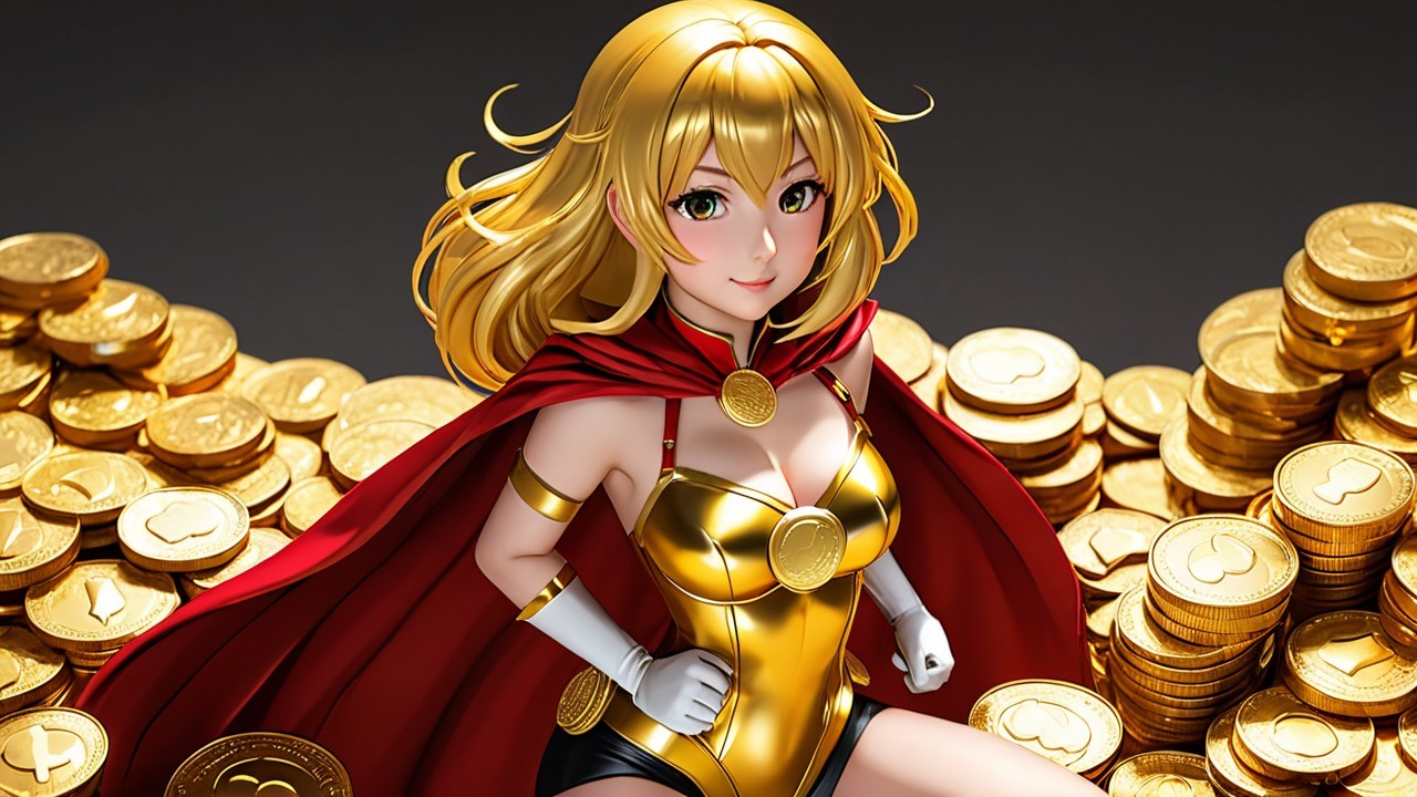 Anime Character on Gold Coins with Red Cape