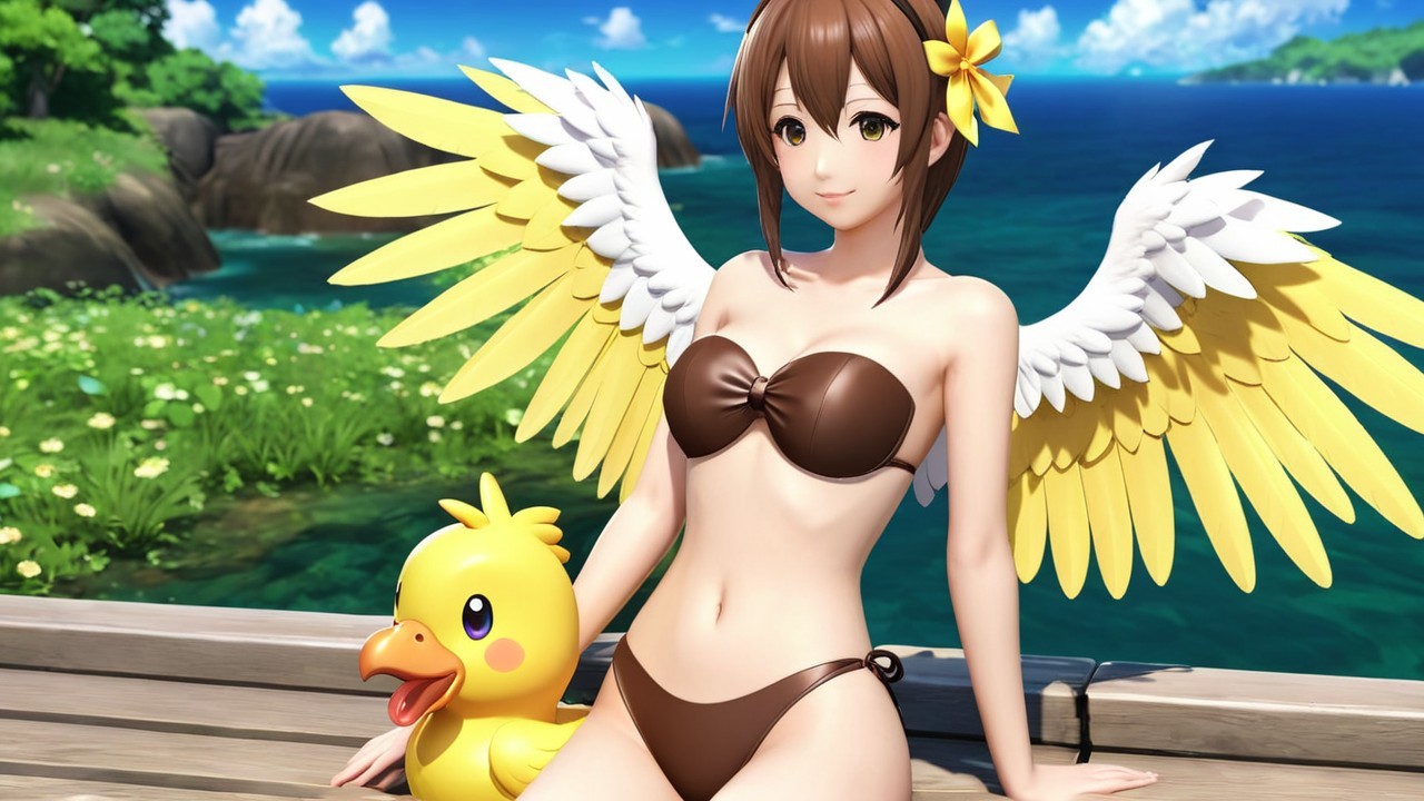 Angelic Character with Wings on a Summer Dock