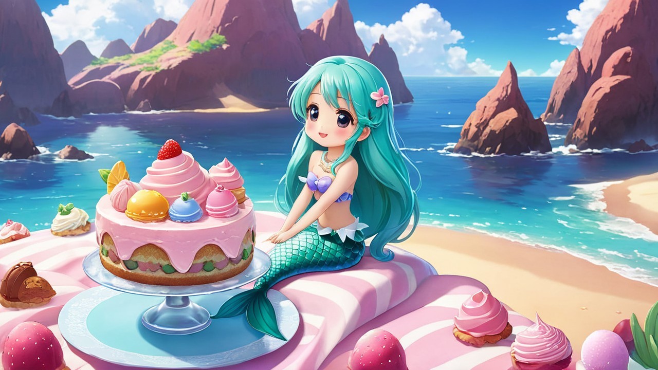 Mermaid on Beach with Colorful Desserts and Cake