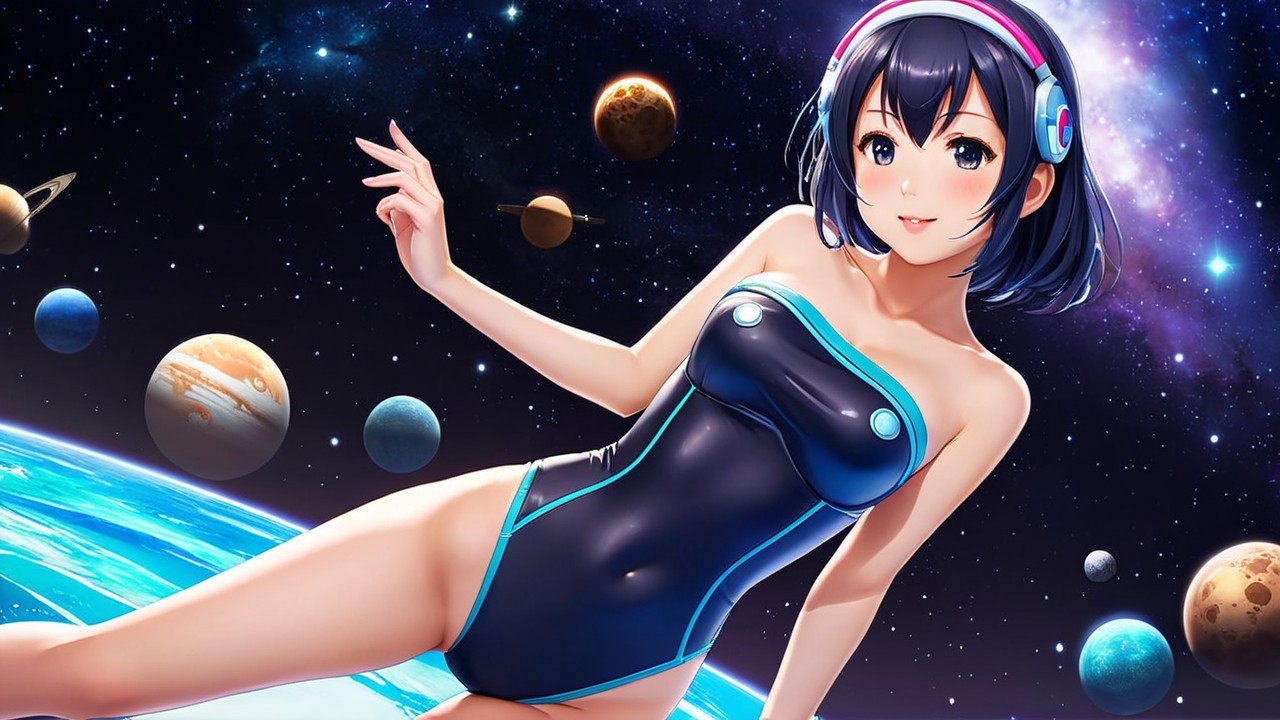 Futuristic anime character in space with vibrant planets