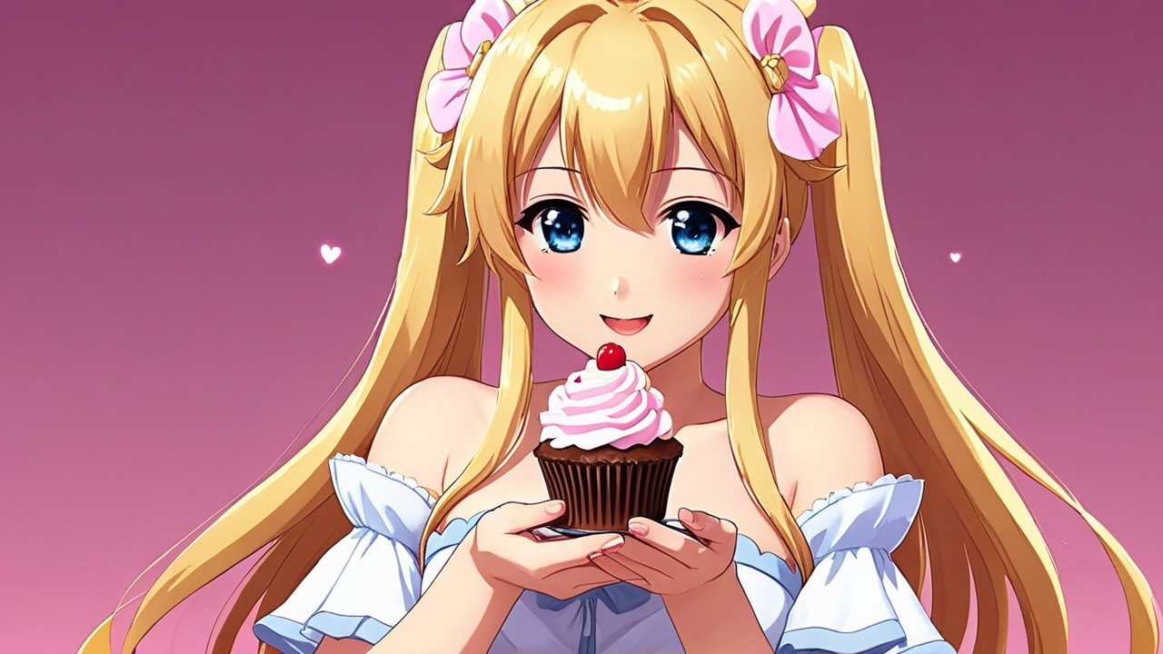 Cheerful anime girl with cupcake in festive setting