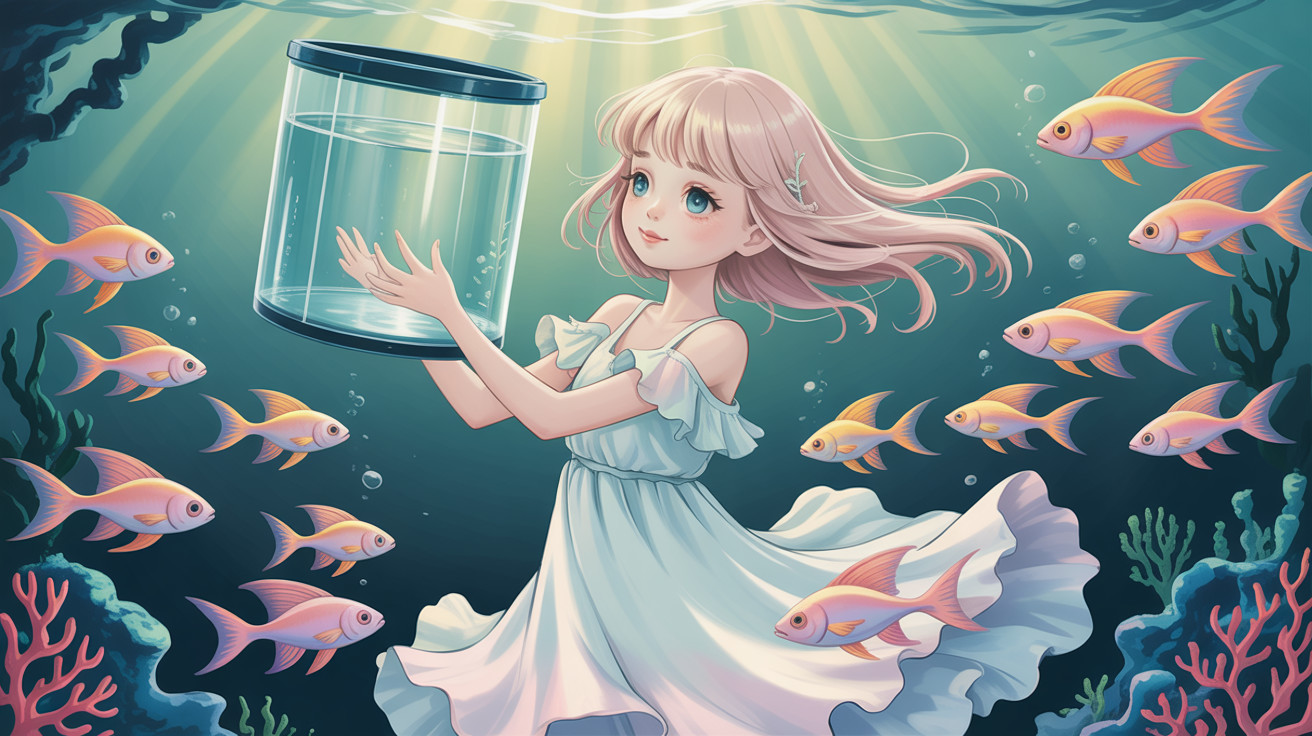 Anime-style underwater scene with young woman and fish