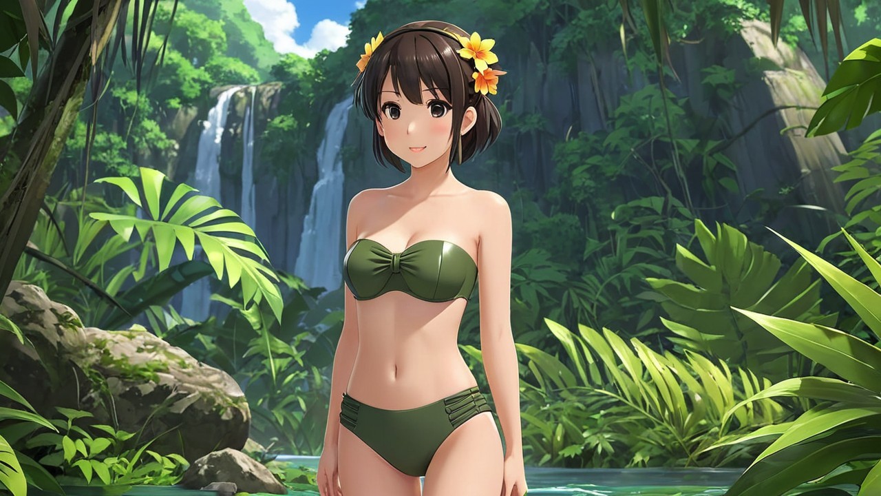 Young Woman in Tropical Jungle with Waterfall Background