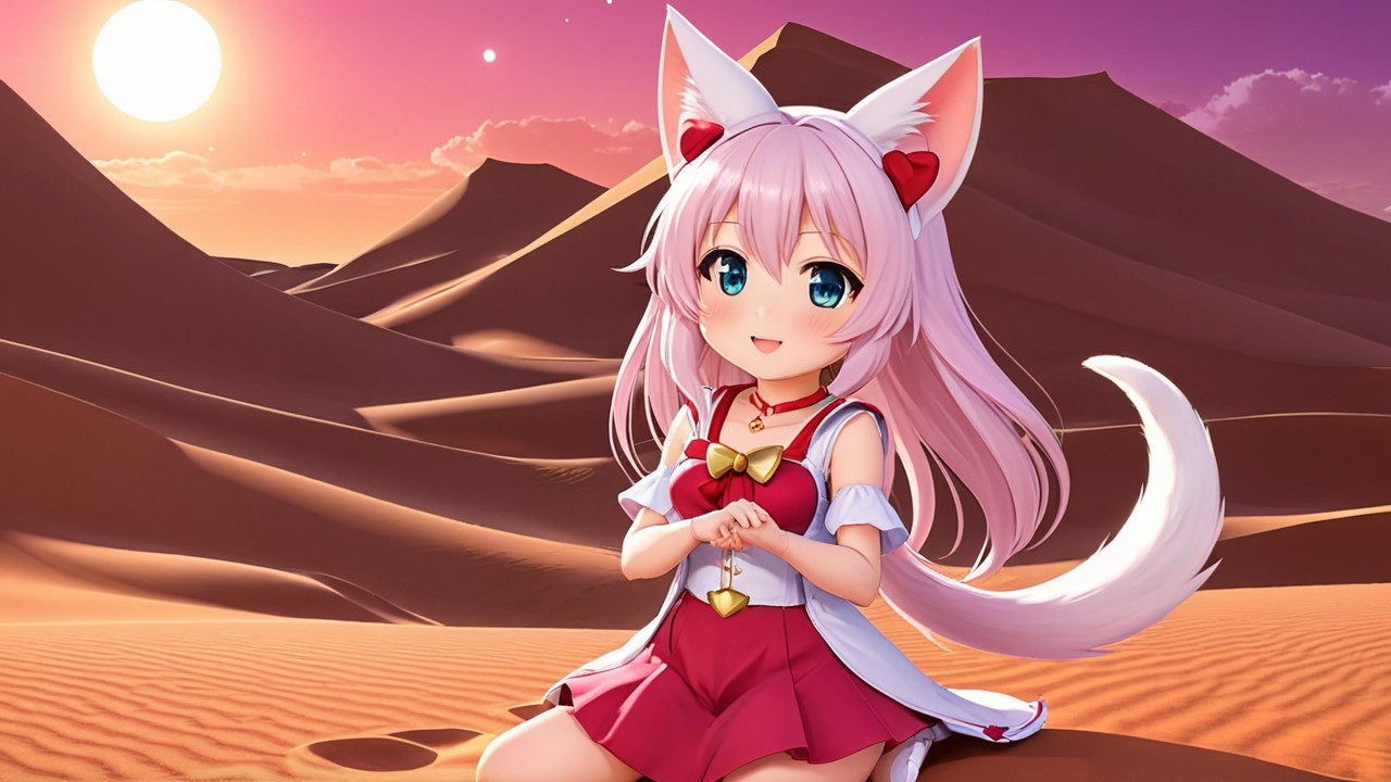 Anime Character in Desert at Sunset with Cat Ears